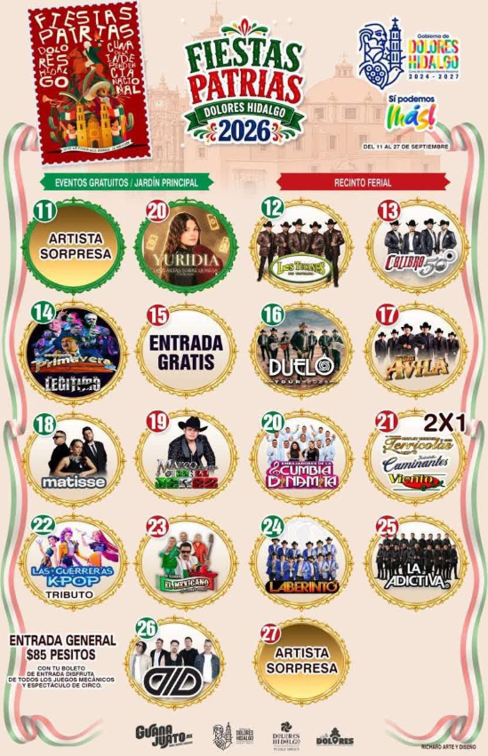As&iacute; luce el cartel de Fiestas Patrias Dolores Hidalgo 2026 con Yuridia, Calibre 50 y Los Tucanes de Tijuana