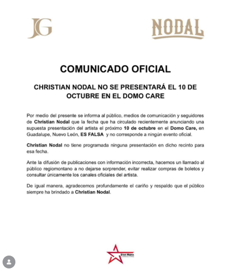 Christian Nodal alerta a sus fans por presentaci&oacute;n FALSA en Monterrey