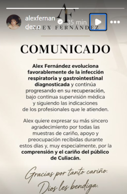 Alex Fernández revela cuál es su estado de salud tras cancelar show y haber sido hospitalizado de emergencia