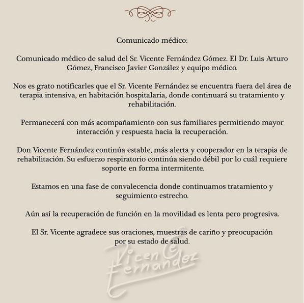 &iexcl;Buenas noticias! Vicente Fern&aacute;ndez sali&oacute; de terapia intensiva