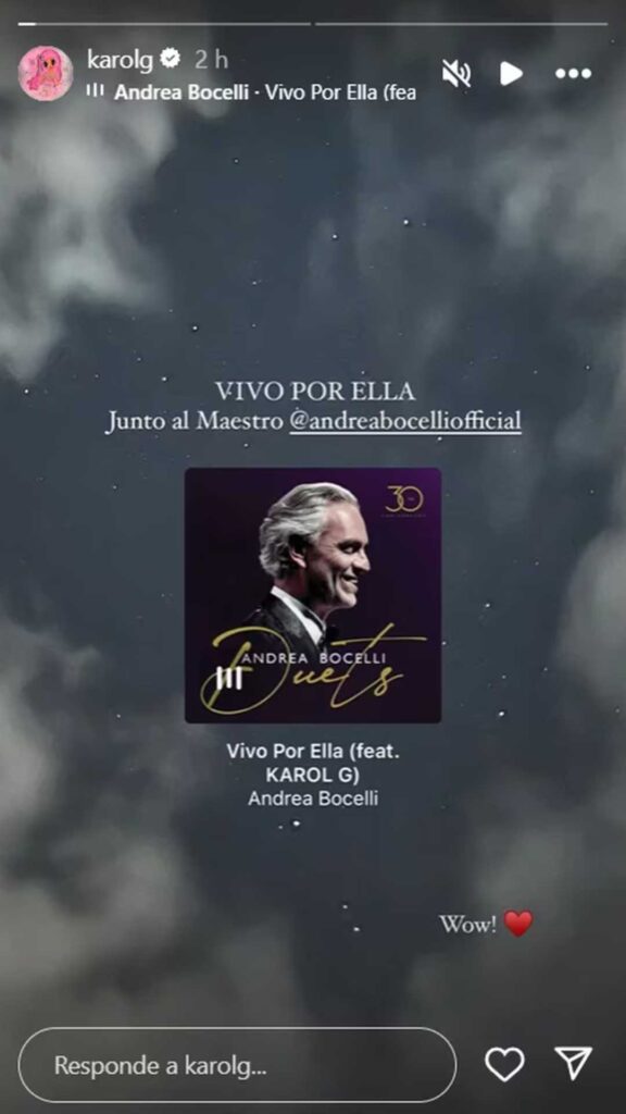 Karol G sorprende con su colaboraci&oacute;n en la nueva versi&oacute;n de "Vivo Por Ella" junto a Andrea Bocelli
