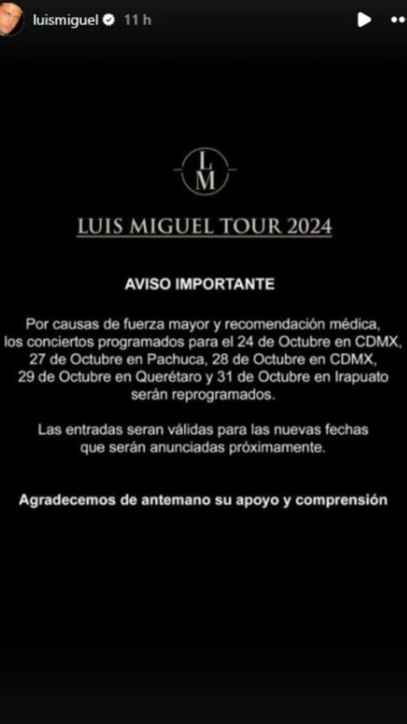 Luis Miguel cancela conciertos en M&eacute;xico por motivos de salud