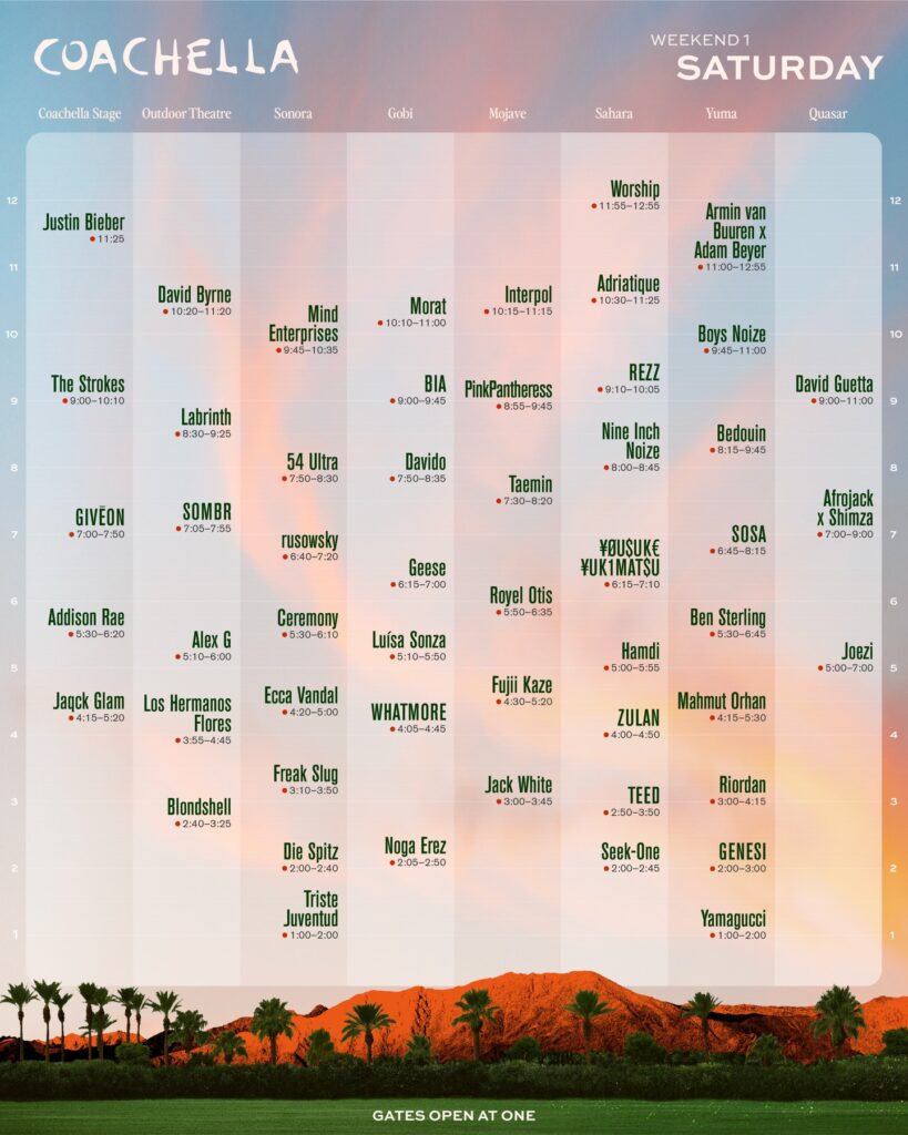 Coachella 2026 revela los horarios oficiales del primer fin de semana con Sabrina Carpenter, Justin Bieber y Karol G