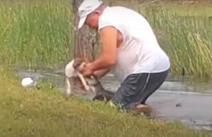 Hombre valiente lucha contra caimán para salvar a su perrito
