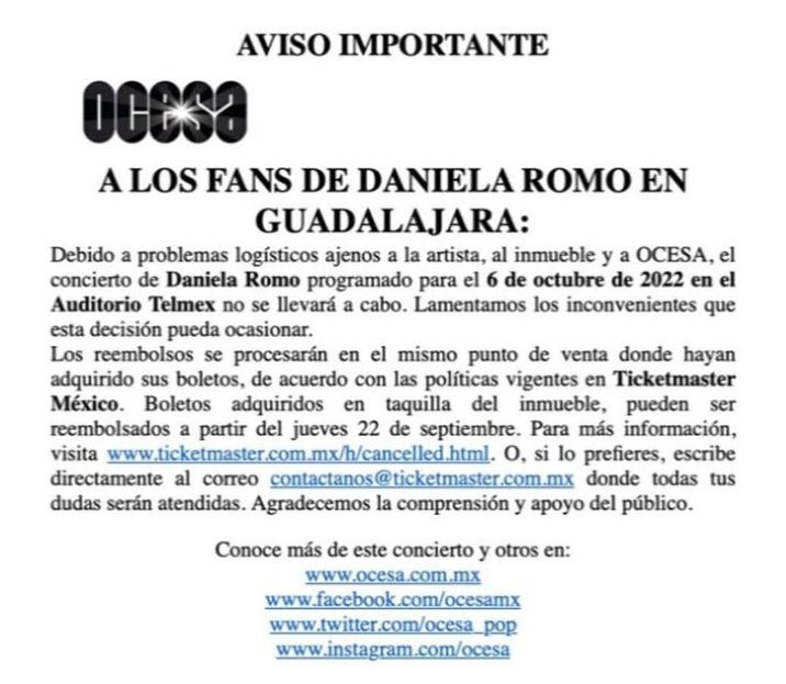 Daniela Romo: &iquest;Por qu&eacute; se cancel&oacute; el concierto que dar&iacute;a en Guadalajara?