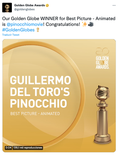 Guillermo del Toro gana Globo de Oro por su pel&iacute;cula de "Pinocho"
