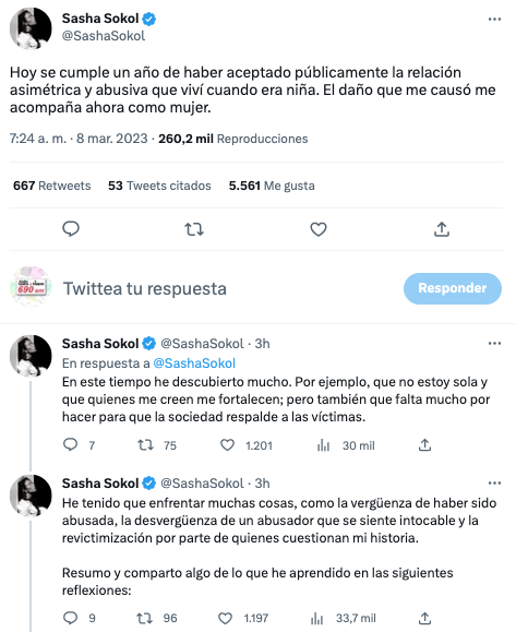 Sasha Sokol env&iacute;a mensaje a un a&ntilde;o de que denunci&oacute; el abuso que sufri&oacute; cuando era ni&ntilde;a