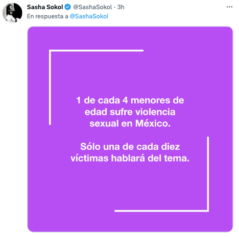 Sasha Sokol env&iacute;a mensaje a un a&ntilde;o de que denunci&oacute; el abuso que sufri&oacute; cuando era ni&ntilde;a