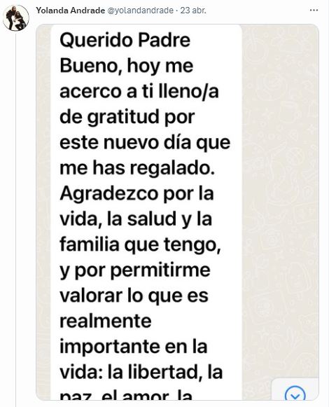 Yolanda Andrade agradece "un nuevo d&iacute;a" tras haber estado al borde de la muerte 