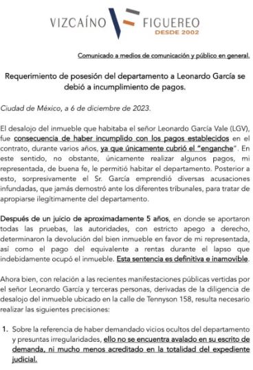 Leonardo Garc&iacute;a es acusado de fraude por la inmobiliaria que lo desaloj&oacute; 