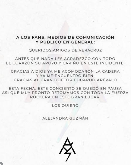 As&iacute; evoluciona Alejandra Guzm&aacute;n luego de sufrir un problema en la cadera durante su &uacute;ltimo concierto